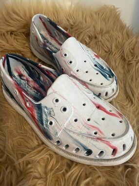 Sperry White Canvas Slip-On Shoes with Red and Blue Marbling